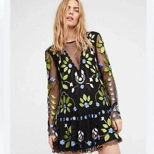 Free People "Hearts Are Wild" Black Floral Mesh Embroidered Mini Dress